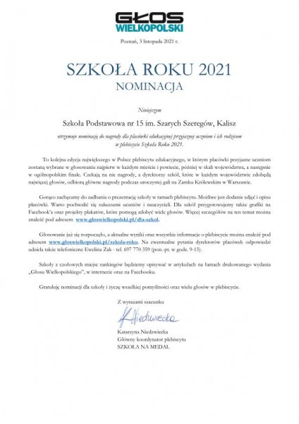 Nominacja w Plebiscycie Edukacyjnym Głosu Wielkopolskiego 